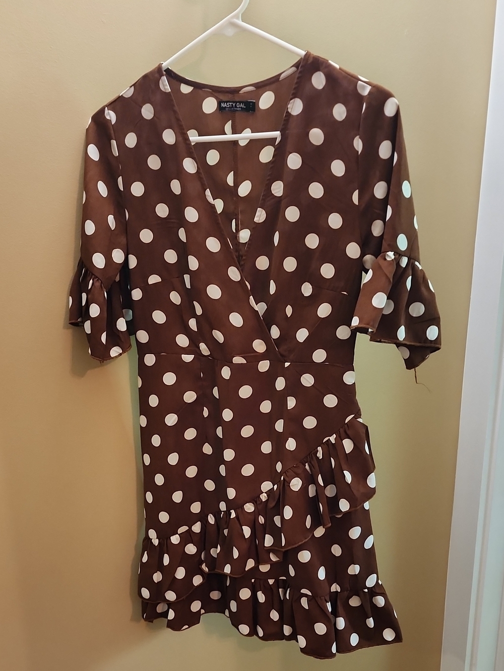 Nasty Gal Brown & White Polka Dot Wrap-Style Mini Dress